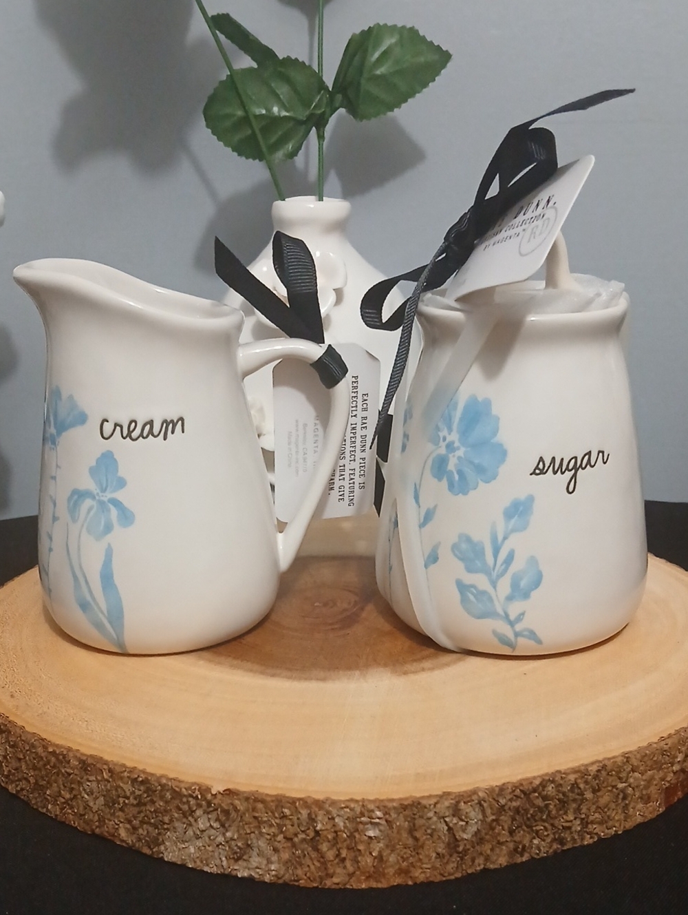 Rae Dunn Ceramic Cream & Sugar Set with Blue Floral Accents NWT